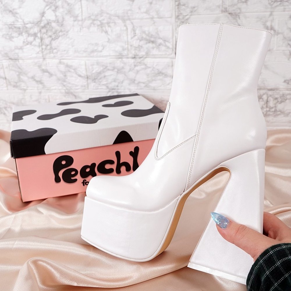 White Faux Leather Sculptural Chunky Platform Heel Ankle Boots